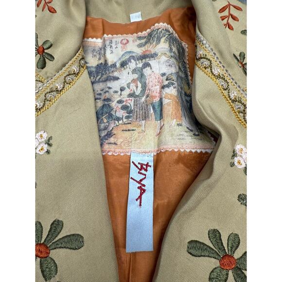 Biya Johnny Was 100% Silk Embroidered Western Boho Duster Coat Beige XS - Picture 14 of 16